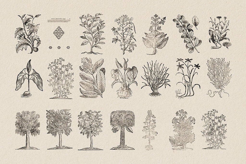 126幅复古植物铜版矢量插画 AI PNG格式